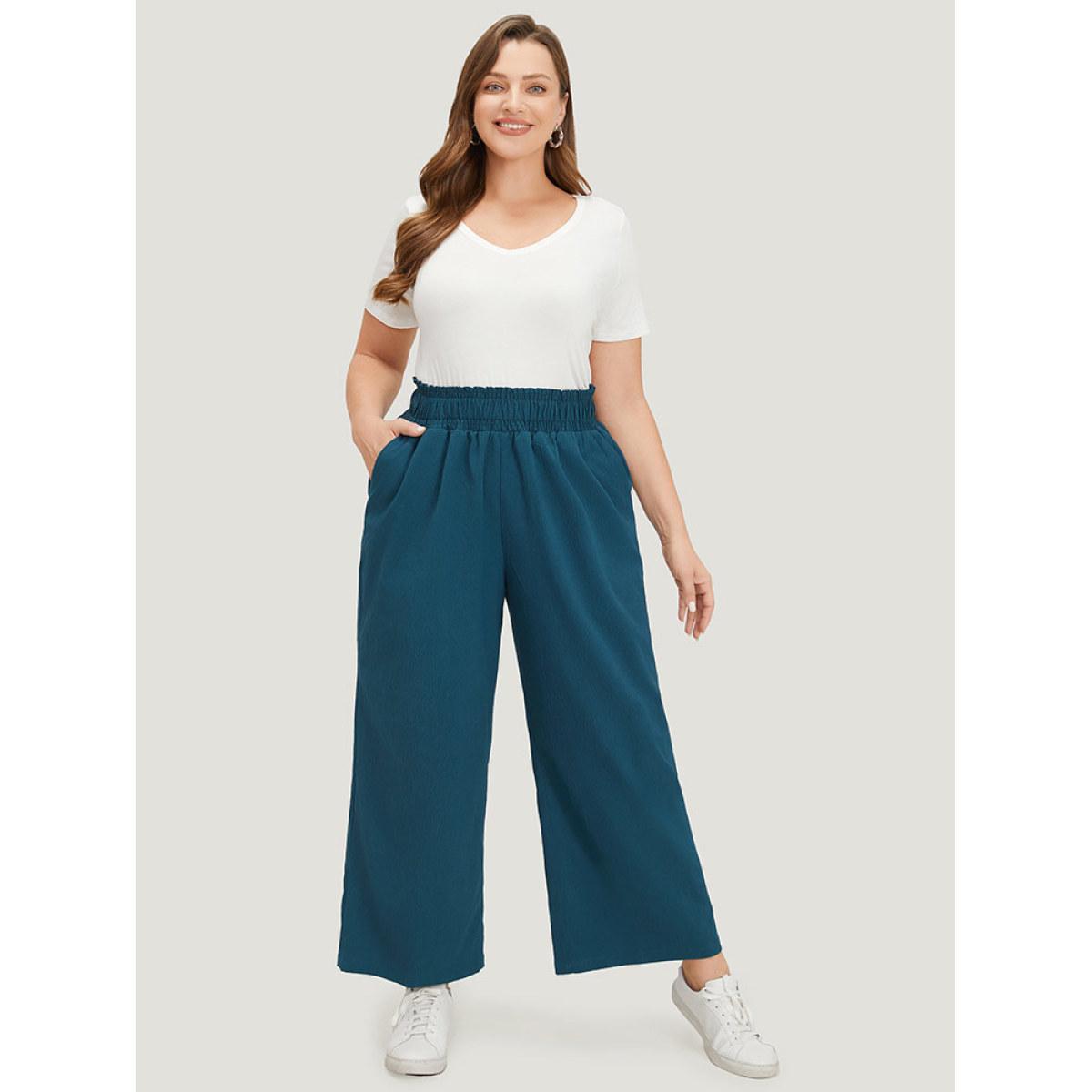 Plus Size Plain Textured Shirred Elastic Waist Pocket Pants Women Aegean Casual Straight Leg High Rise Dailywear Pants BloomChic 12/L Product Image