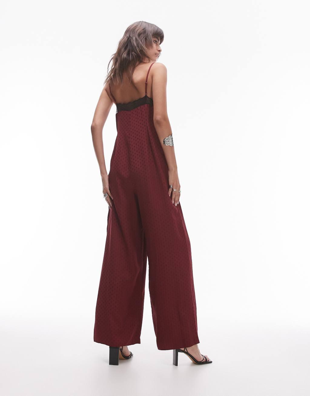 Topshop midi jacquard jumpsuit in burgundy with black lace bust Product Image