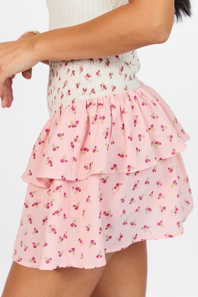 Special Day Ivory and Pink Multi Floral Color Block Tiered Skort SALE Product Image