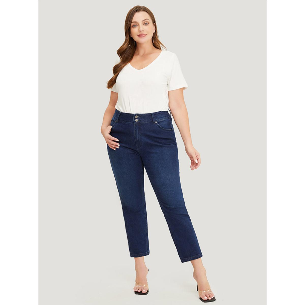 Plus Size Very Stretchy High Rise Dark Wash Embroidery Back Jeans Women DarkBlue Casual Plain Embroidered High stretch Jeans BloomChic 18/2X Product Image