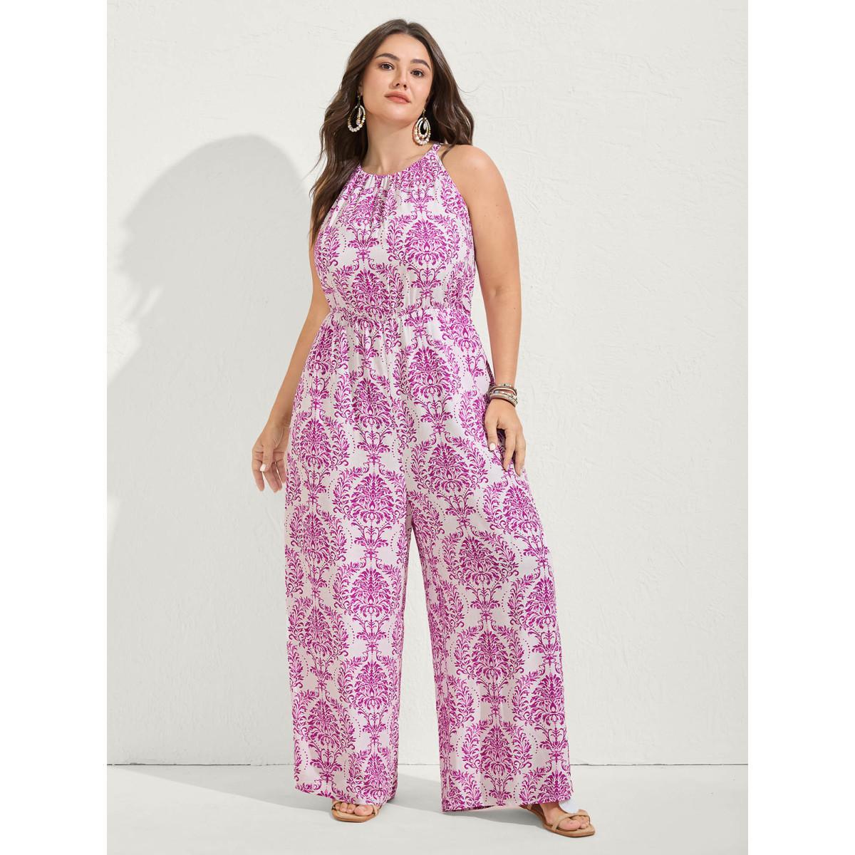 Plus Size Lilac Rayon Damask Print Stretchy Waist Jumpsuit Women Sleeveless Halter neck Vacation Loose Jumpsuits BloomChic 26/4X Product Image