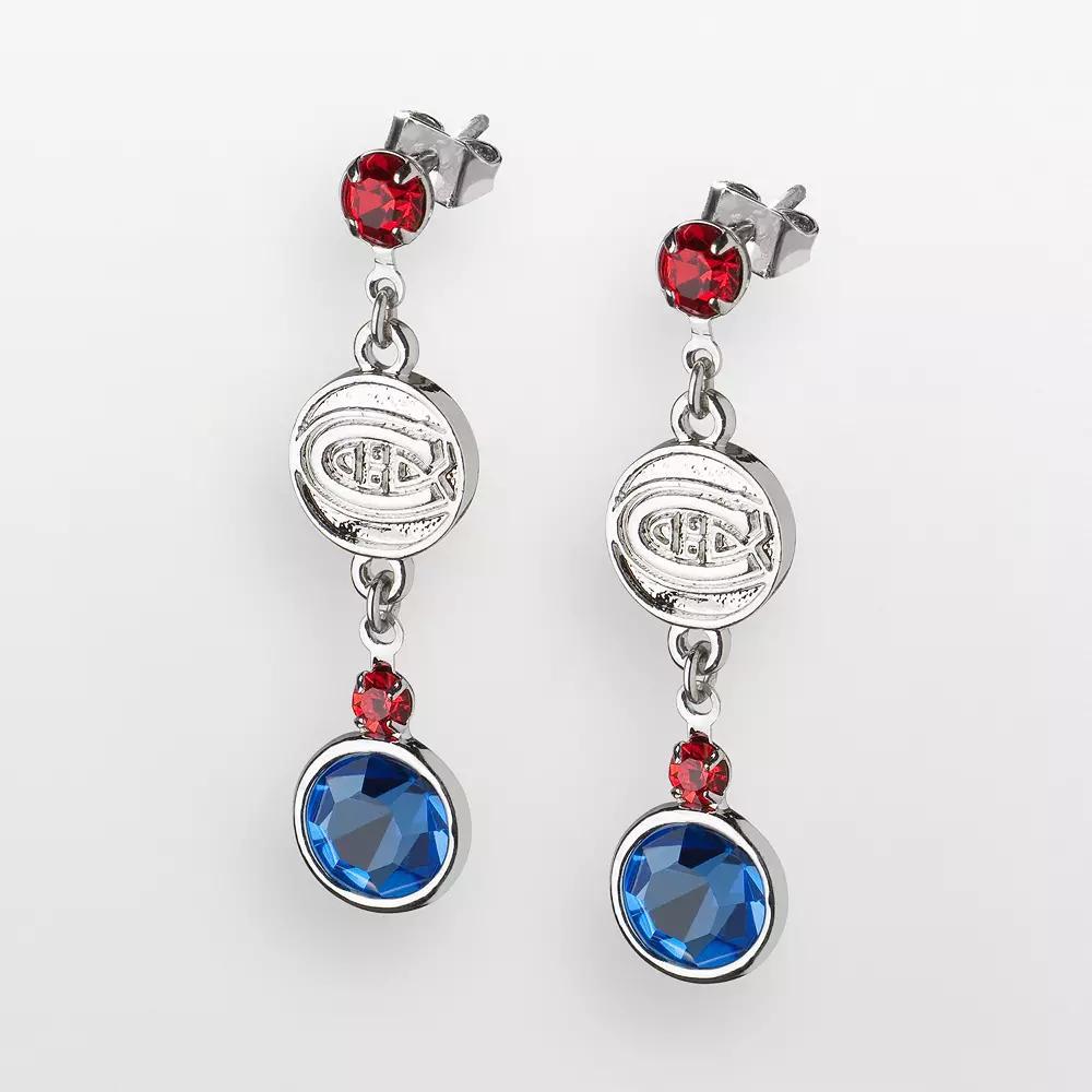 LogoArt Montreal Canadiens Silver Tone Crystal Logo Linear Drop Earrings, Women's Product Image