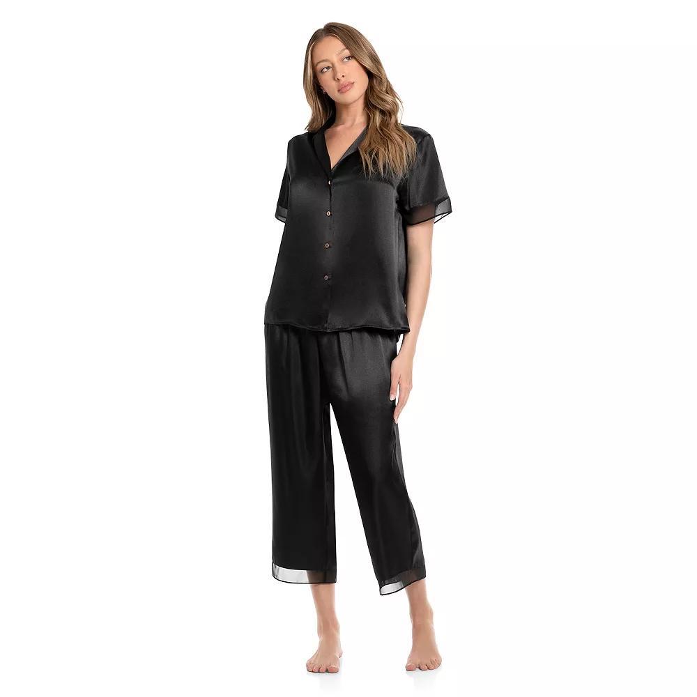 Women's Lilac+London Satin Short Sleeve Notchneck Pajama Top & Cropped Pajama Pants, Size: XXL, Teal Green Product Image