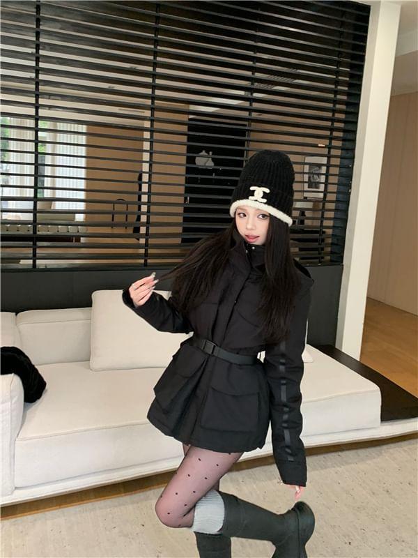 Plain Hooded Tie Waist Zip Parka Product Image