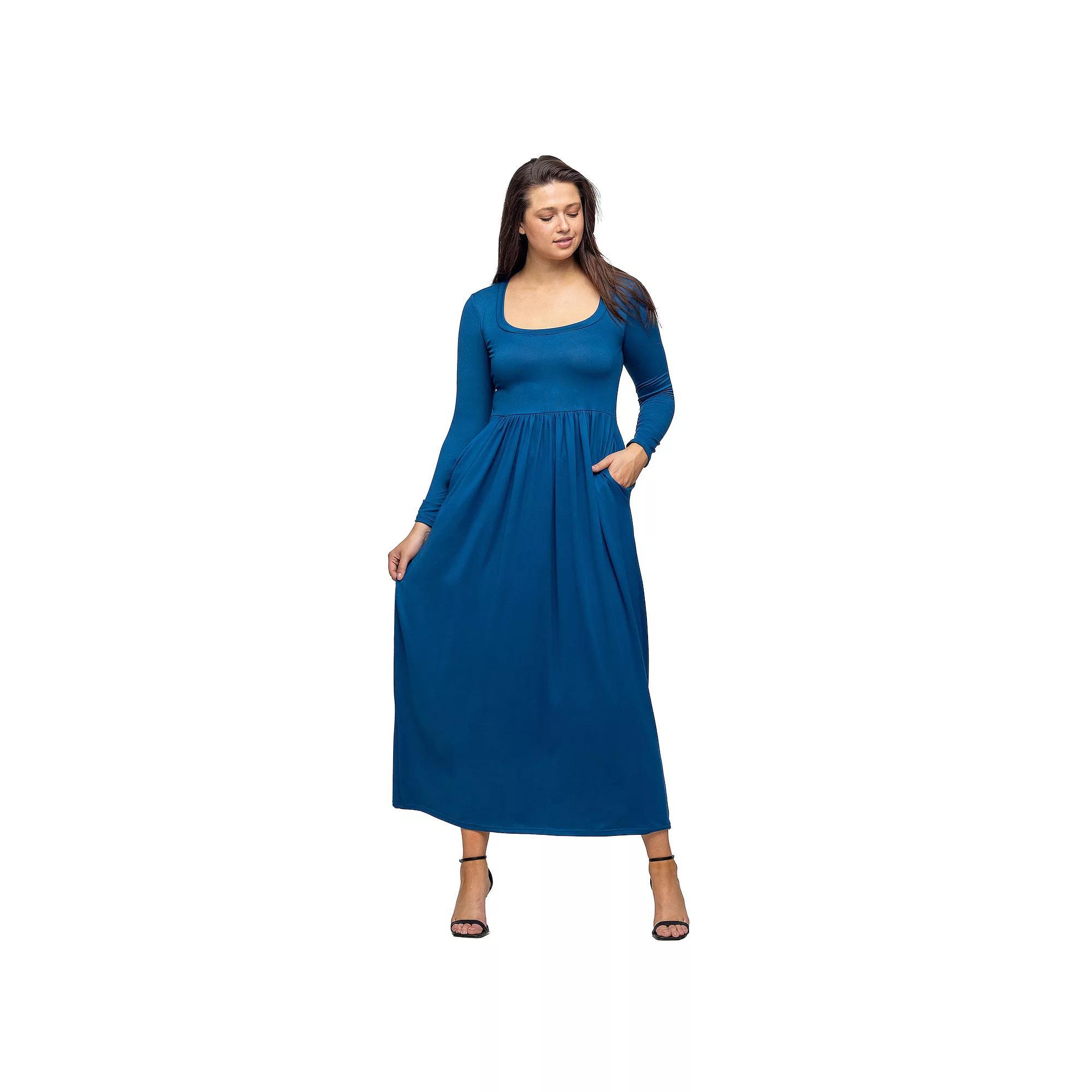 Women's 24Seven Comfort Apparel Long Sleeve Empire Waist Pocket Maxi Dress, Size: Small, Blue Product Image