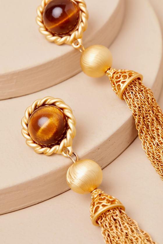 Nymph Gold Tigers Eye Tassel Statement Earrings Product Image