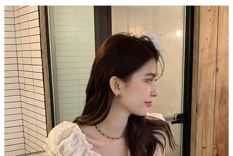 Puff Sleeve V-Neck Embroidered Ruffle Blouse Product Image