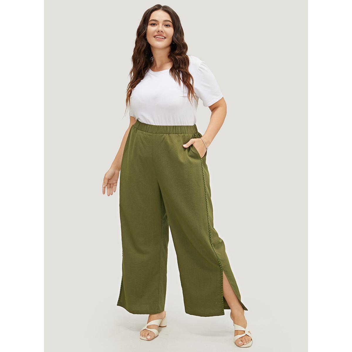 Plus Size Plain Pocket Elastic Waist Pompom Detail Split Pants Women ArmyGreen Elegant Mid Rise Dailywear Pants BloomChic 26/4X Product Image