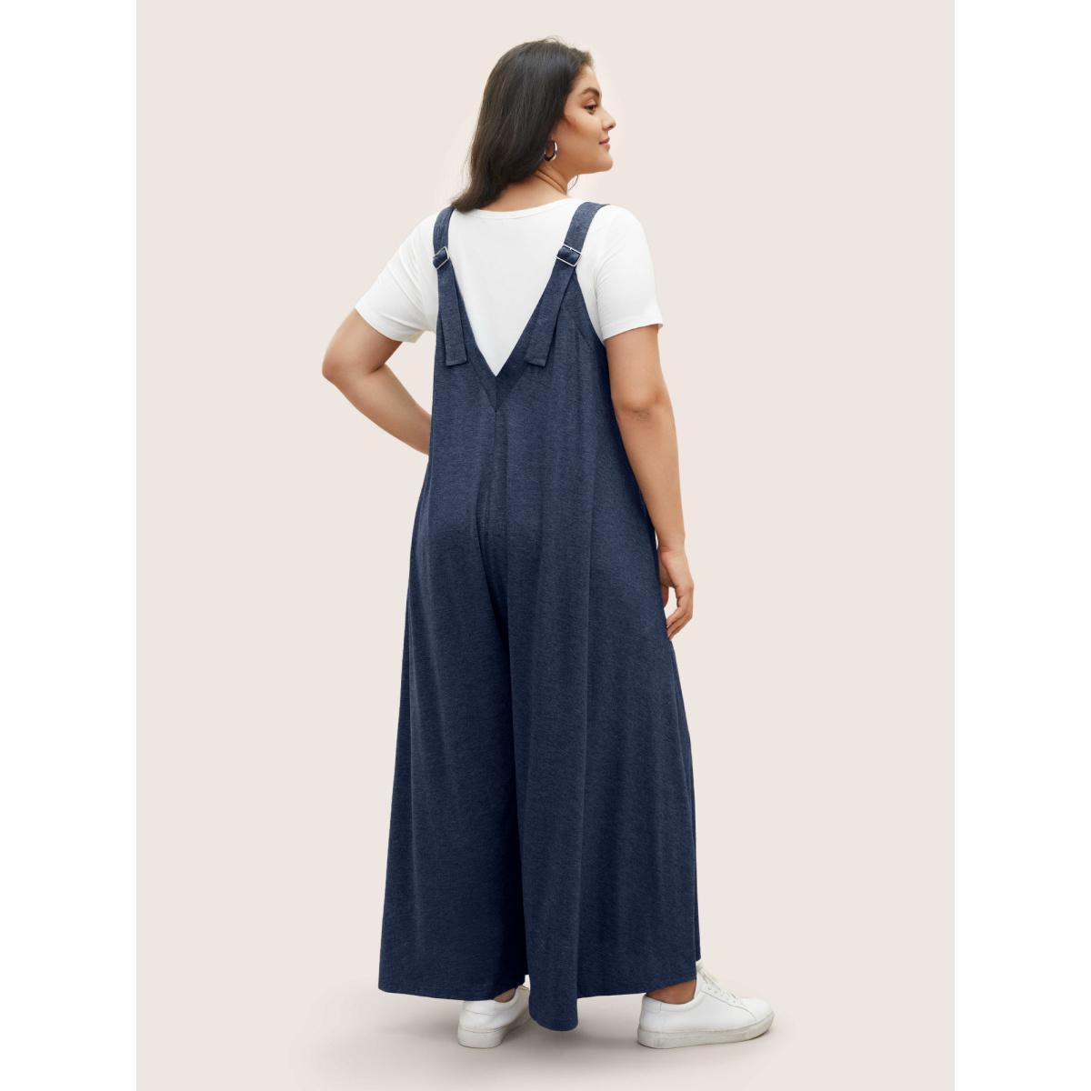 Plus Size Navy Supersoft Essentials Solid Pocket Adjustable Straps Jumpsuit Women Casual Sleeveless Non Everyday Loose Jumpsuits BloomChic 10/M Product Image