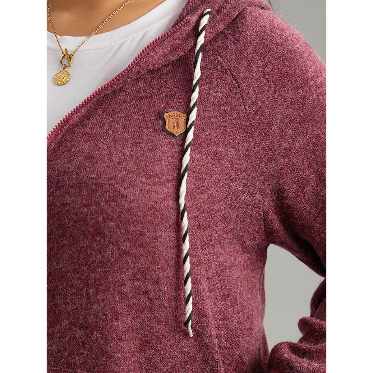 Plus Size Solid Badge Trim Drawstring Zipper Jacket Women Burgundy Zipper Pocket Dailywear Jackets BloomChic 10/M Product Image