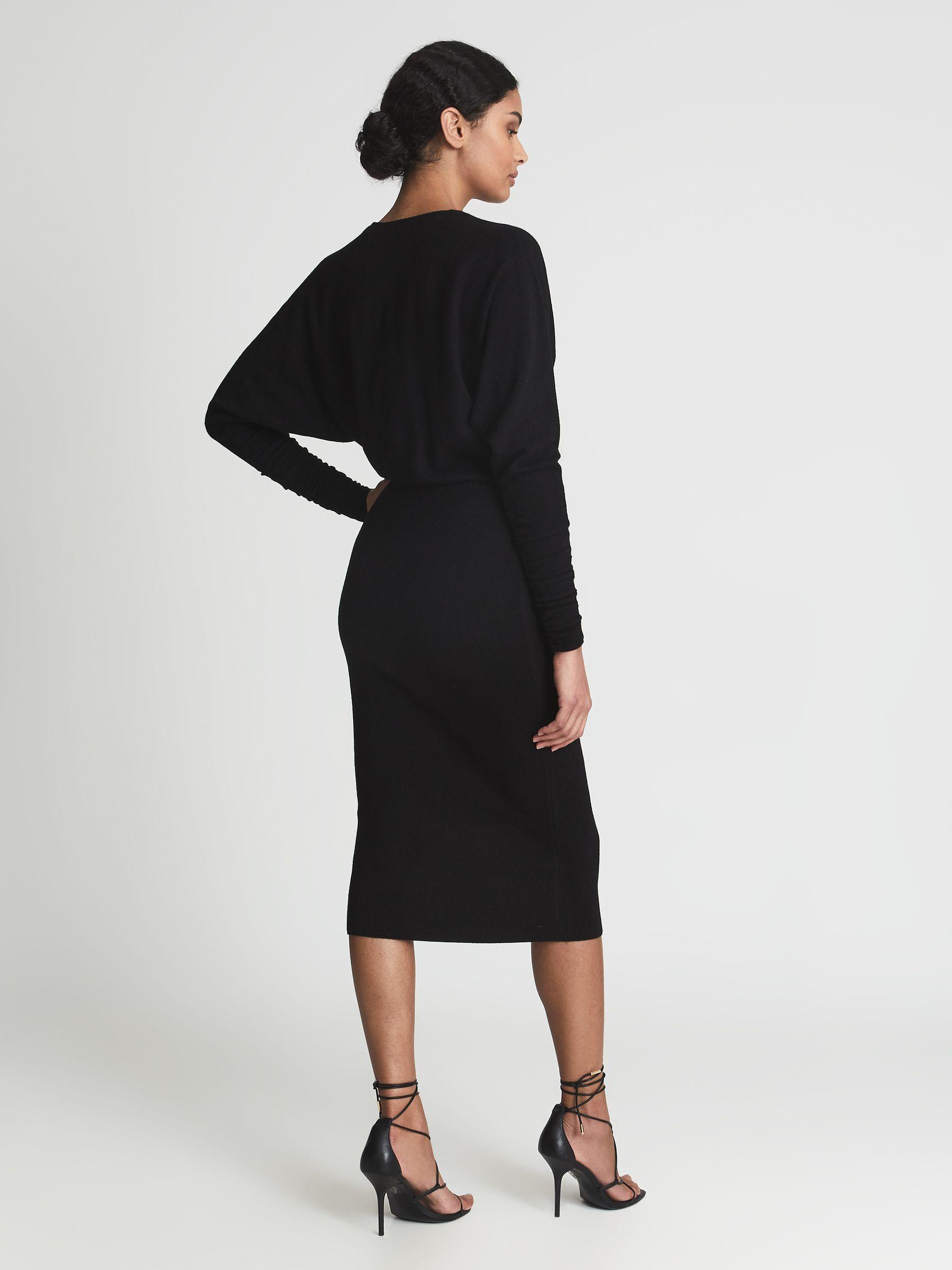 Wool Blend Ruched Sleeve Midi Dress in Black Product Image