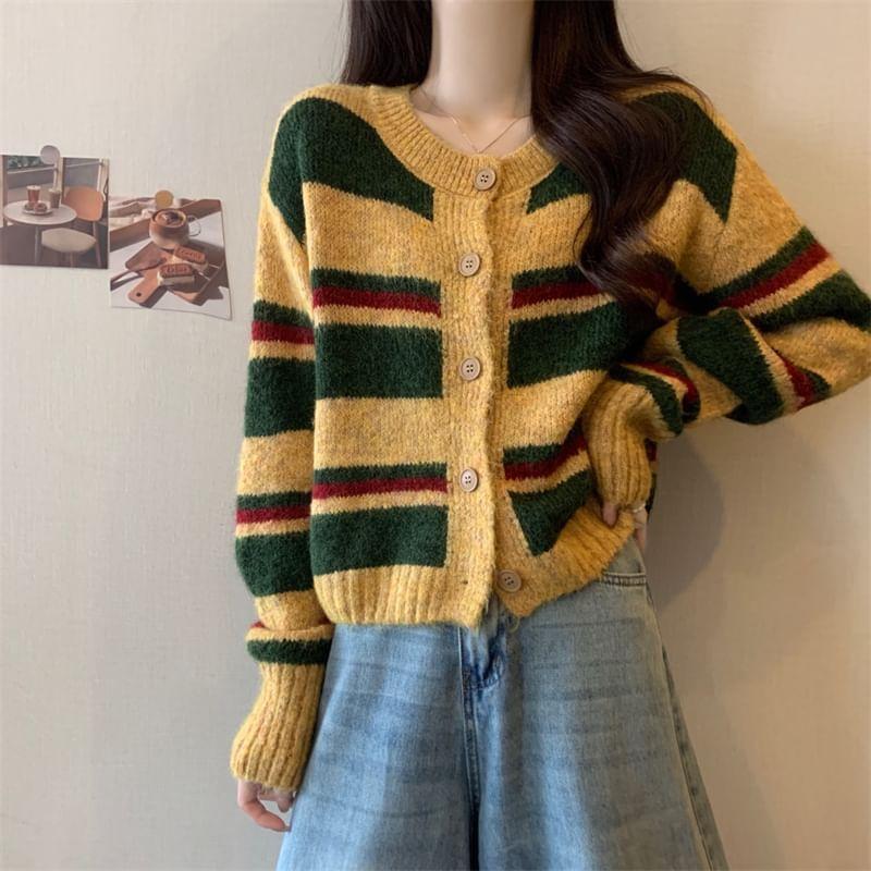 Crewneck Striped Button-Up Cardigan Product Image
