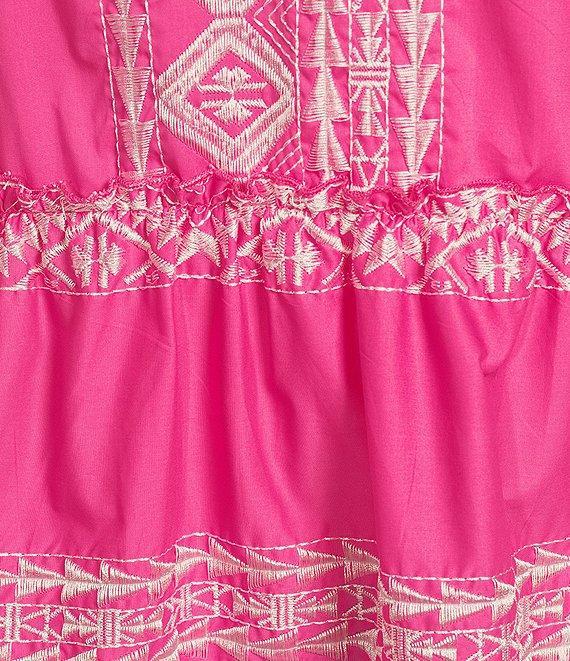Calessa Plus Size Embroidered Split V-Neck Short Puff Sleeve Shift Dress Product Image