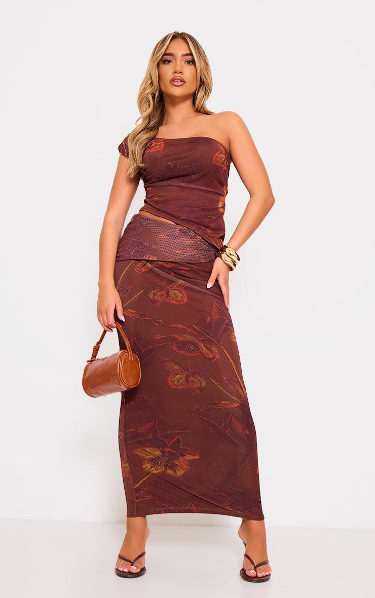Brown Floral Print Low Rise Maxi Skirt Product Image