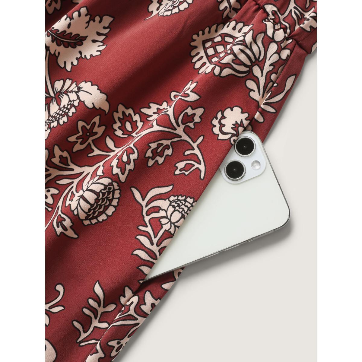 Plus Size Floral Waist-Tie Pockets Midi Dress Rust Women Heart neckline Sleeveless Curvy BloomChic 12/L Product Image