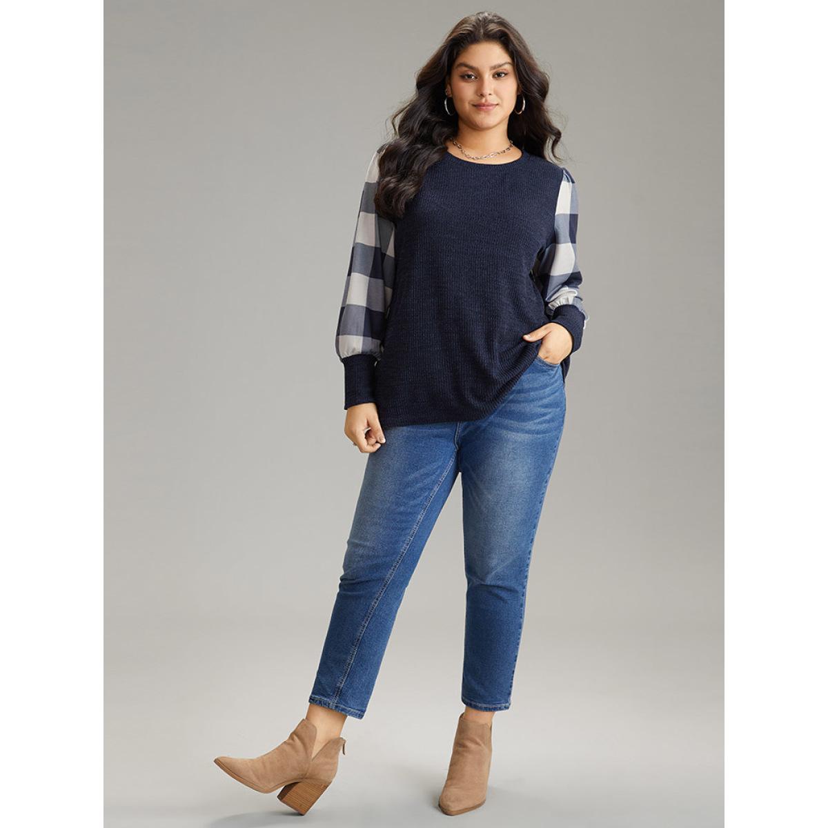 Plus Size Rib Knit Plaid Patchwork Plisse Sweatshirt Women Indigo Casual Heather Round Neck Dailywear Sweatshirts BloomChic 18-20/2X Product Image