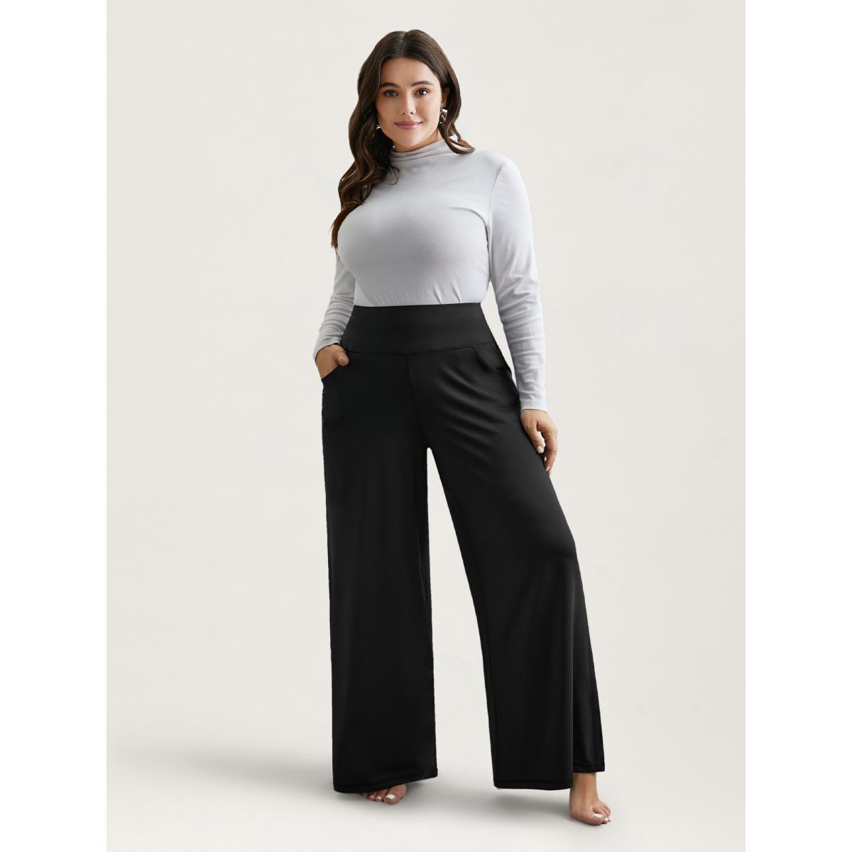 Plus Size Super Stretchy Wide-Leg Casual Pocket Pants Women Black Casual Mid Rise Everyday Pants BloomChic 22-24/3X Product Image
