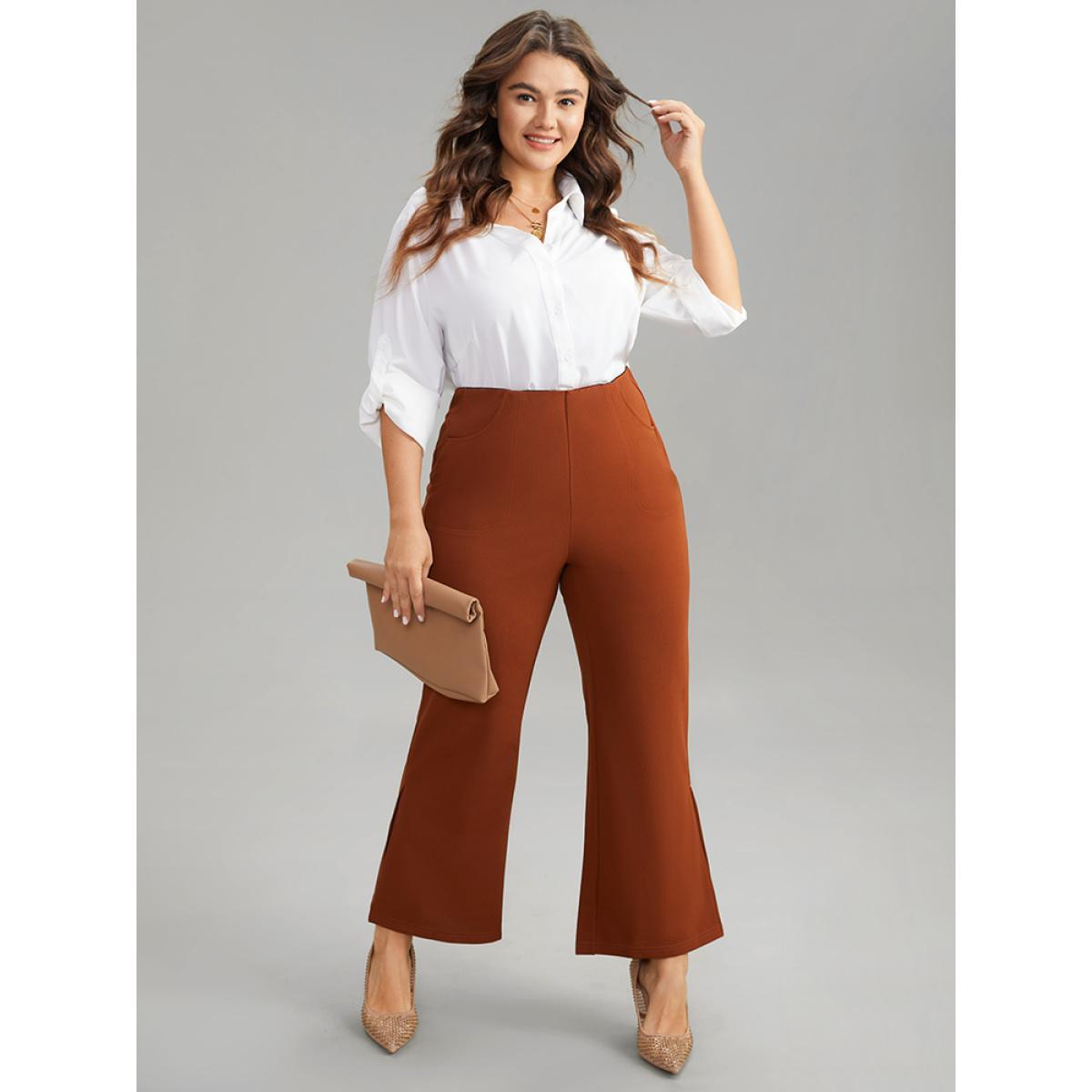 Plus Size Plain Split Side Pocket Pants Women Rust Elegant Flare Leg High Rise Dailywear Pants BloomChic 18-20/2X Product Image
