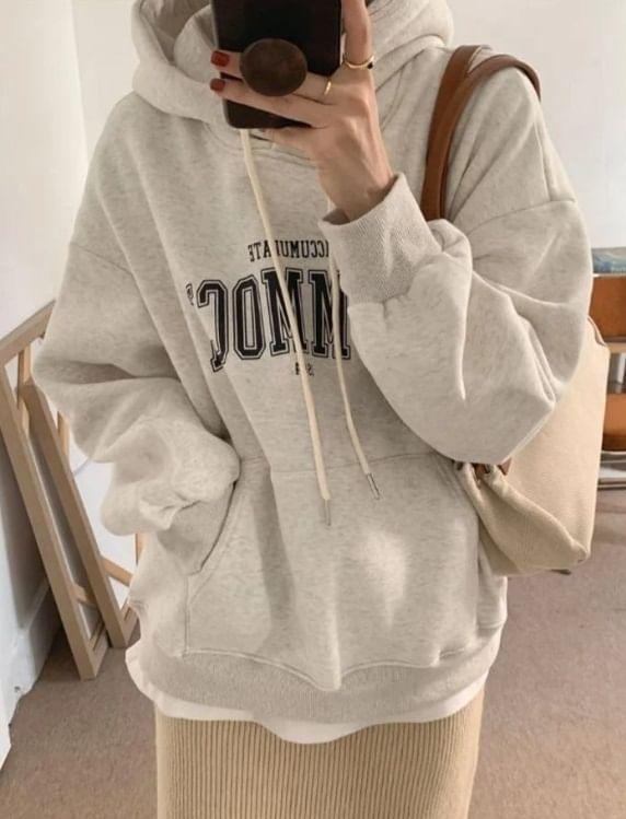 Long Sleeve Lettering Print Loose-Fit Hooded Sweatshirt Product Image