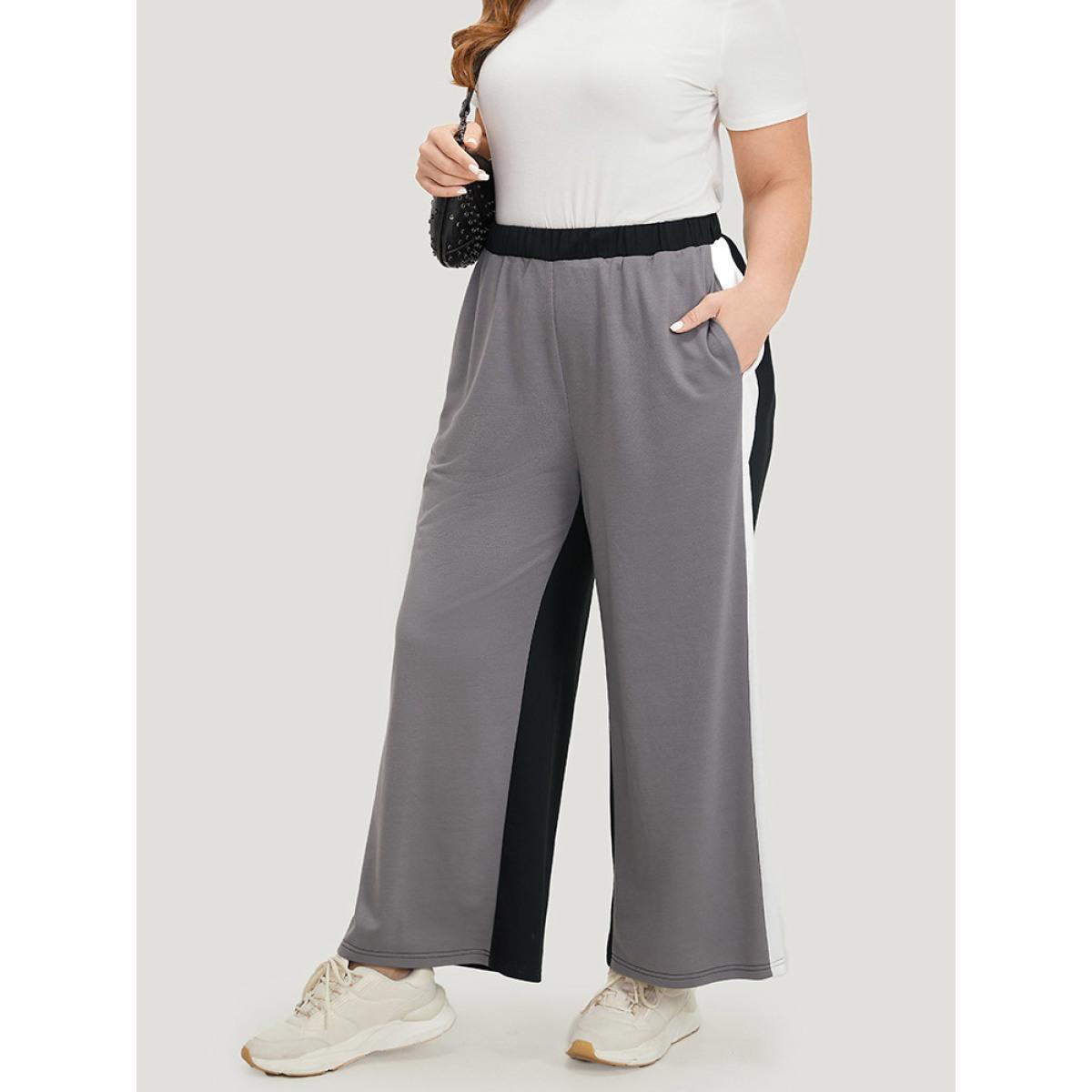 Contrast Patchwork Pocket High Rise Sweatpants Black Plus Size Women Casual Dailywear Contrast 12/L Bloomchic Product Image