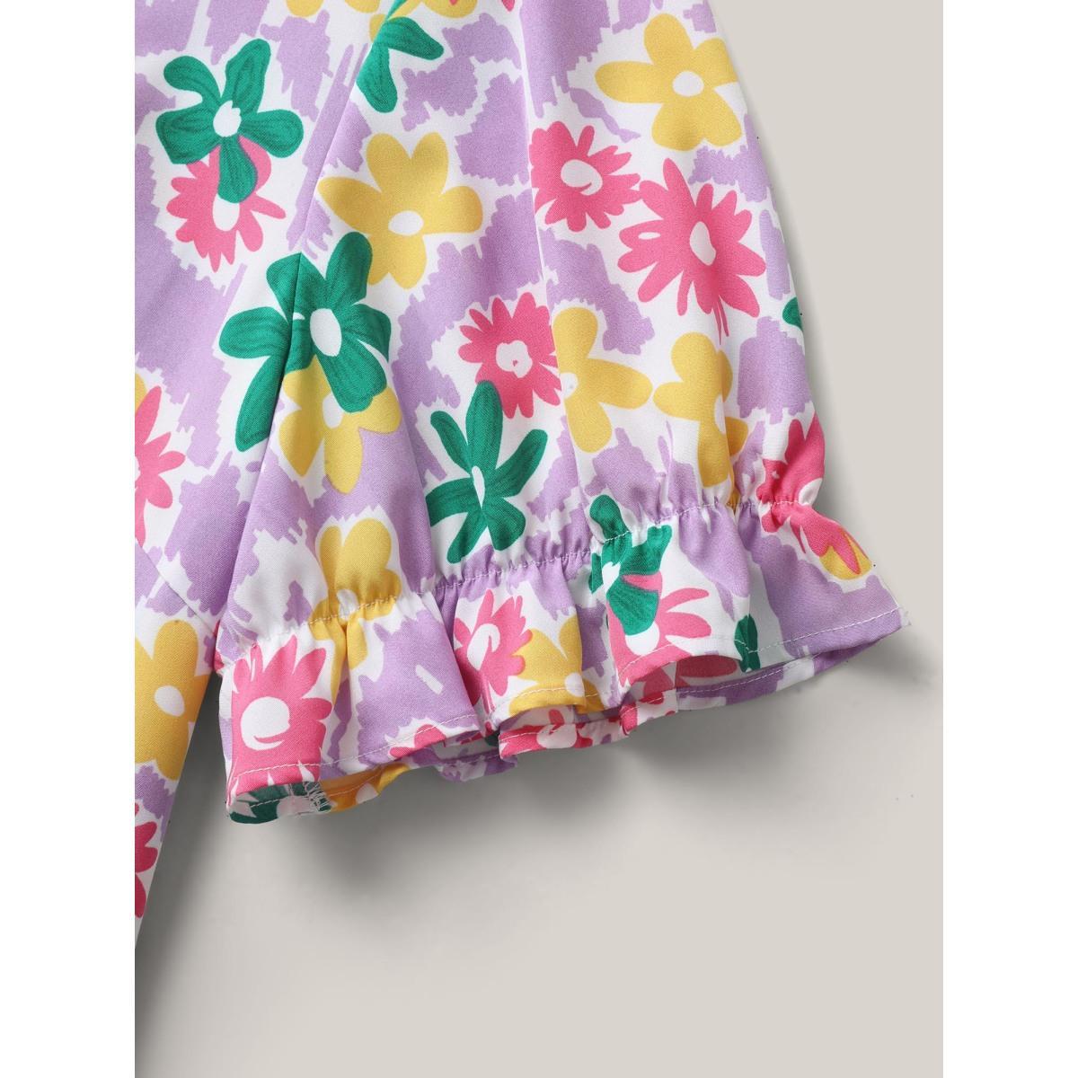 Plus Size Lilac Rainbow Floral Print Pleated Blouse Women Short sleeve Square Neck Everyday-Casual Blouses BloomChic 26/4X Product Image