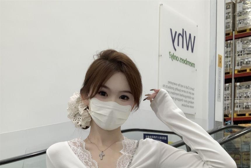 Long-Sleeve V-Neck Plain Knot Lace Trim Slim Fit Tee Product Image