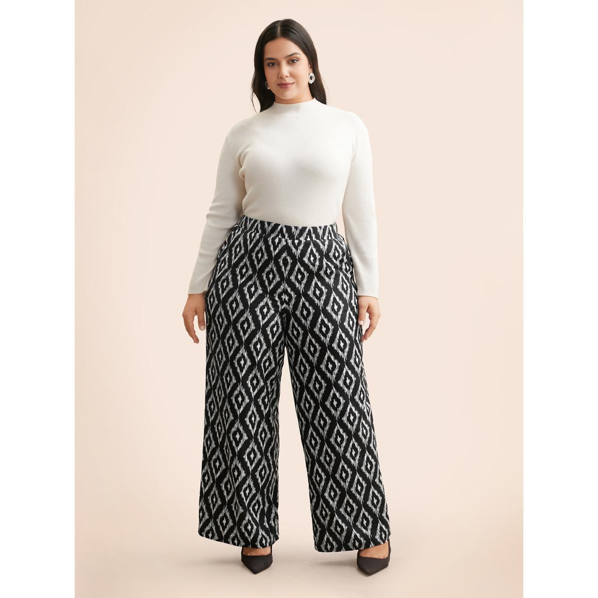Plus Size Geometric Mid Rise Pocket Pants Women Black At the Office Wide Leg Mid Rise Work Pants BloomChic 26/4X Product Image