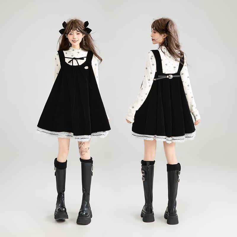 Long Sleeve Collared Dotted Shirt / Pleated Buckled Panel Velvet Mini A-Line Overall Dress Product Image