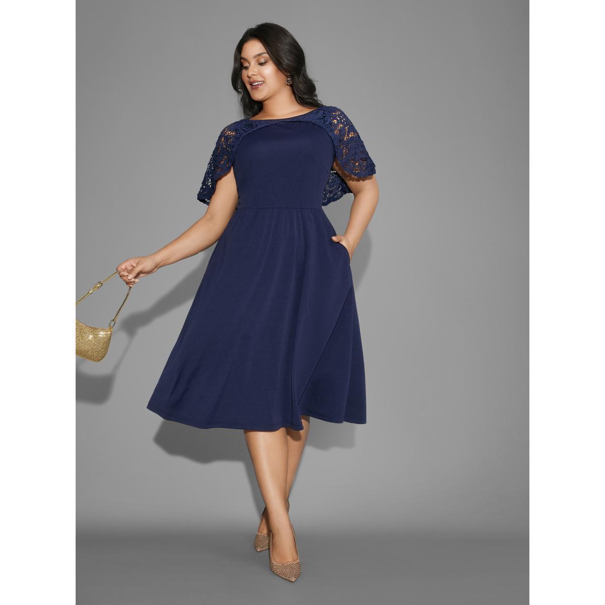Plus Size Tiered Lace Panel Elastic Waist Dress Navy Women Cocktail Woven ribbon&lace trim Party Curvy Bloomchic 14-16/1X Product Image