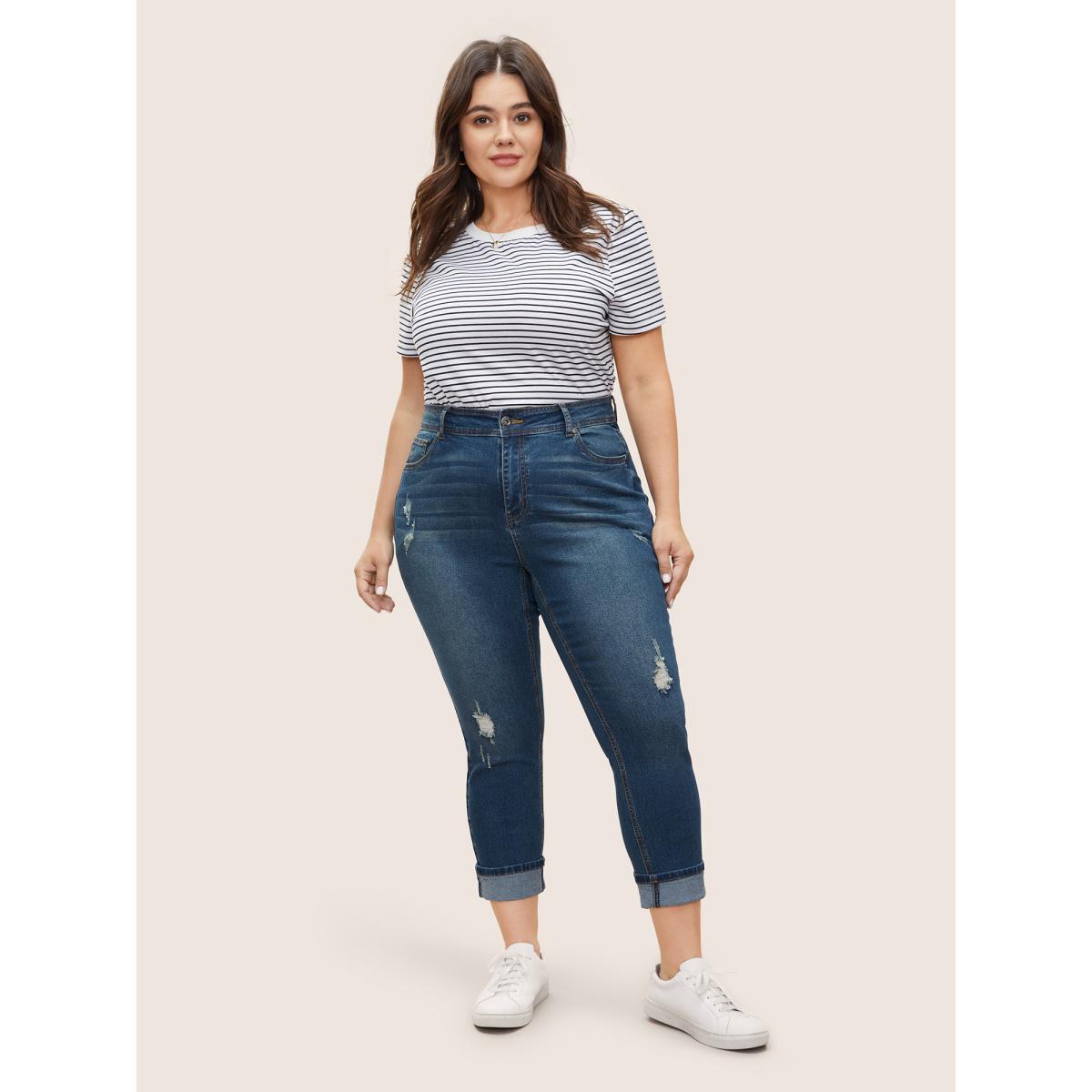 Plus Size Roll Hem Ripped Pocket Straight Leg Cropped Jeans Women Aegean Casual Plain Non High stretch Slanted pocket Jeans BloomChic 20/2X Product Image