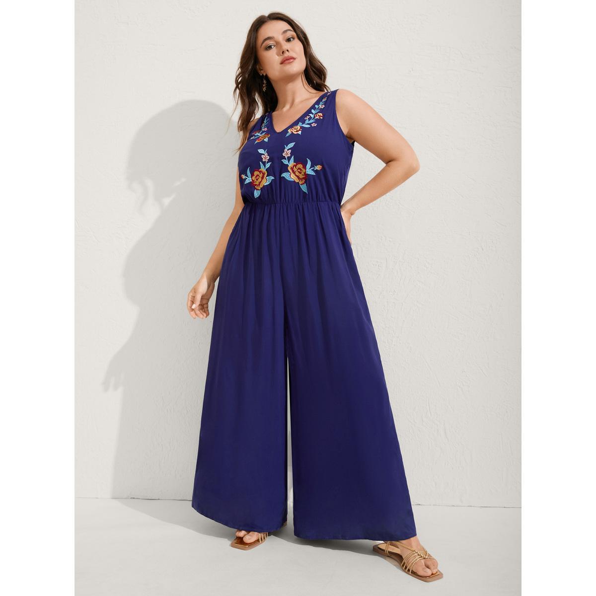 Plus Size Indigo Rayon Floral Embroidery Stretchy Waist Jumpsuit Women Sleeveless V-neck Vacation Loose Jumpsuits BloomChic 12/L Product Image