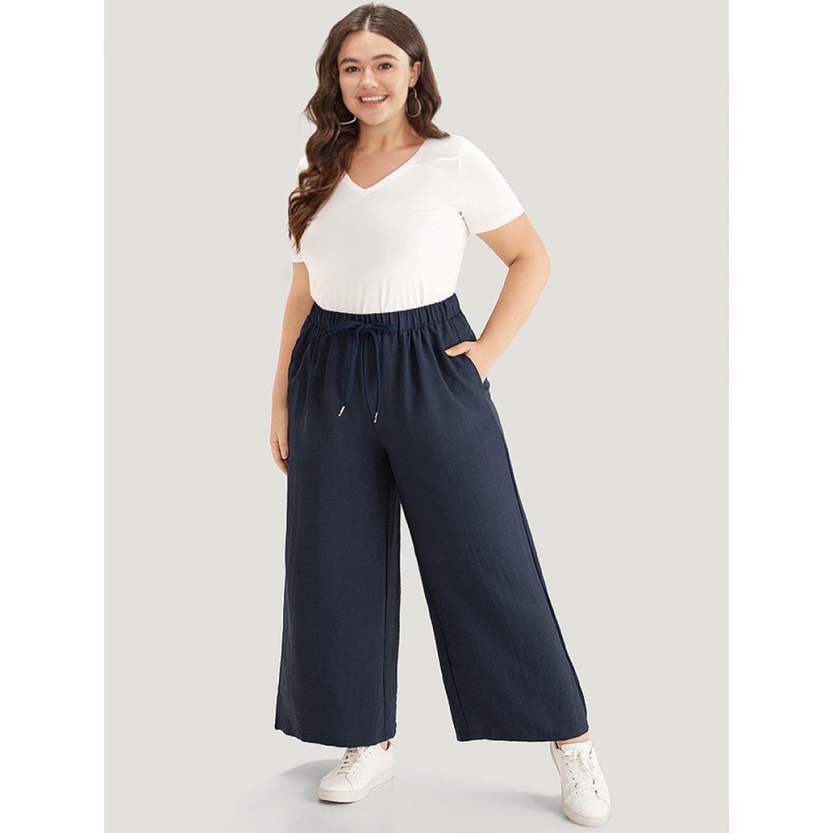 Plus Size Plain Drawstring Elastic Waist Gathered Pants Women Indigo Casual Straight Leg High Rise Dailywear Pants BloomChic 28/5X Product Image