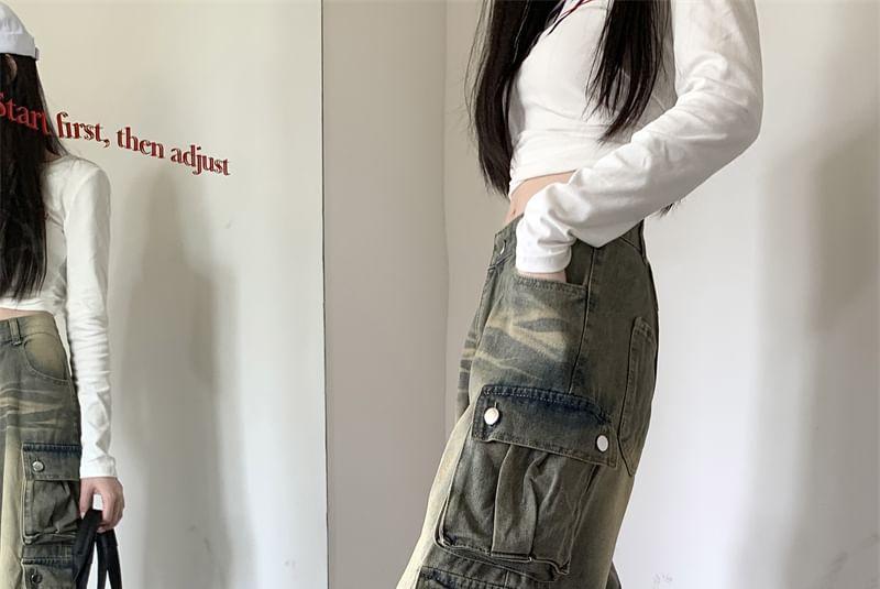 High Rise Washed Wide Leg Cargo Jeans Product Image