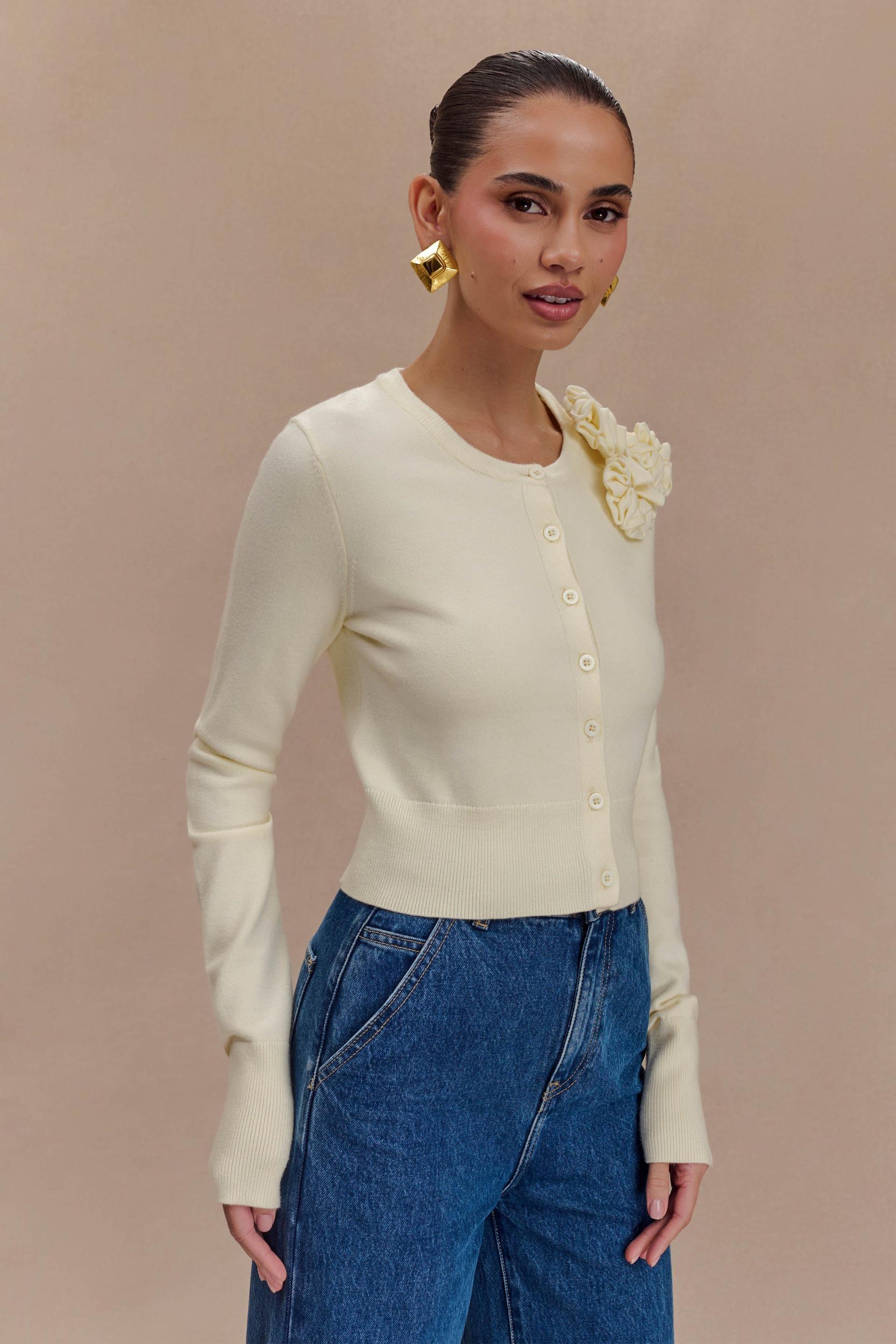 Gianna Knit Cardigan With Flowers - Cream Product Image