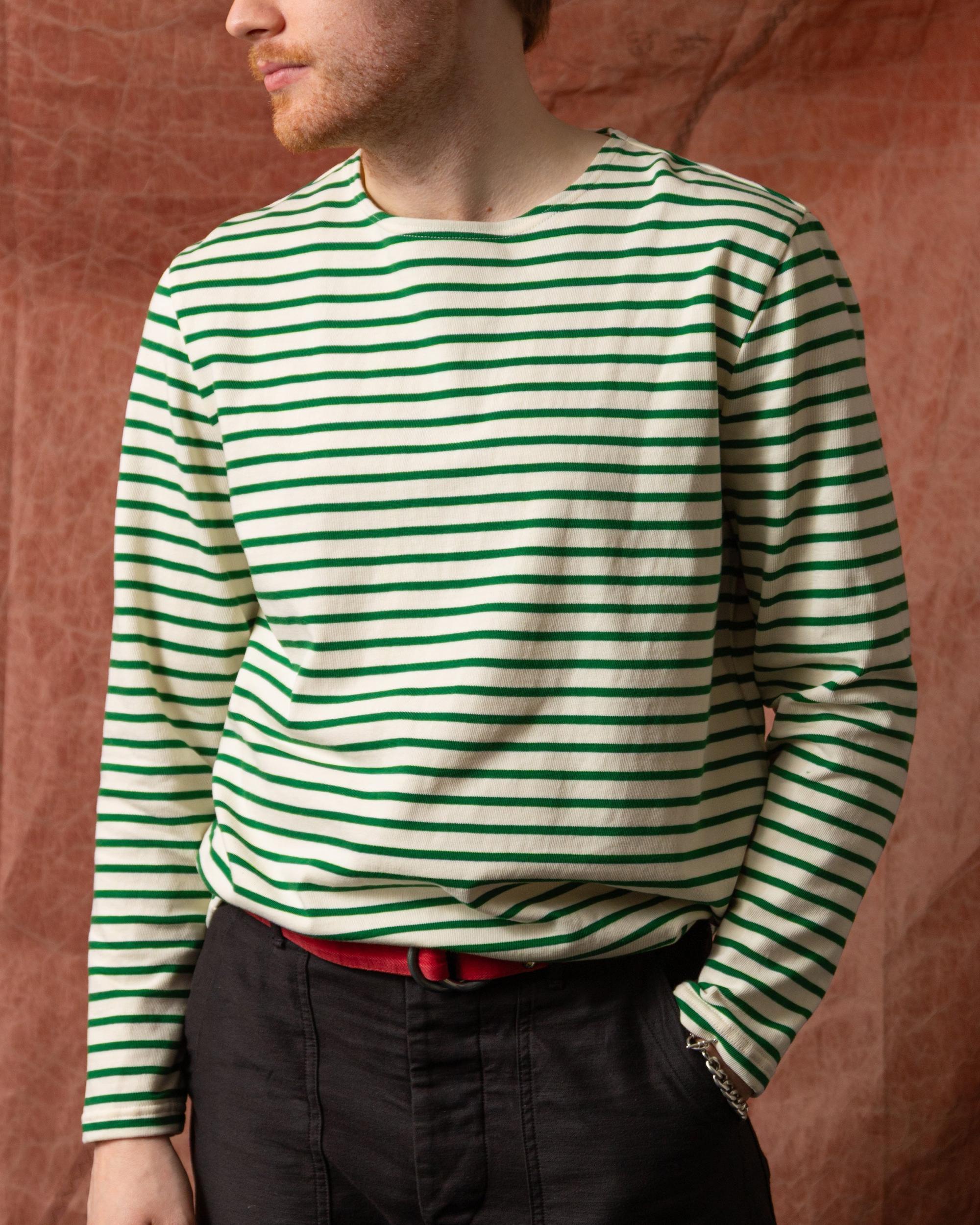 Men’s Breton Stripe Boatneck Tee in Off White/Hunter Green Product Image