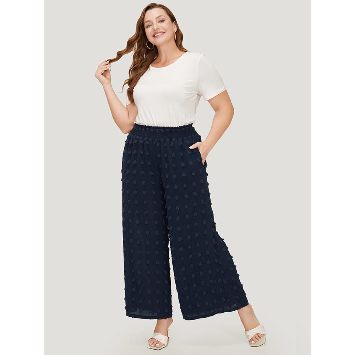 Plus Size Polka Dot Shirred Waist Pocket Wide Leg Pants Women Indigo Elegant Straight Leg High Rise Dailywear Pants BloomChic 12/L Product Image