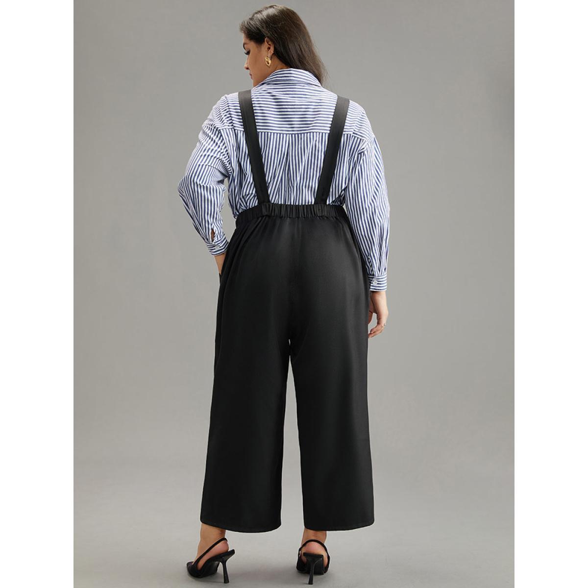 Plus Size Plain Button Detail Pocket Overall Pants Women Black Office Straight Leg High Rise Work Pants BloomChic 26/4X Product Image