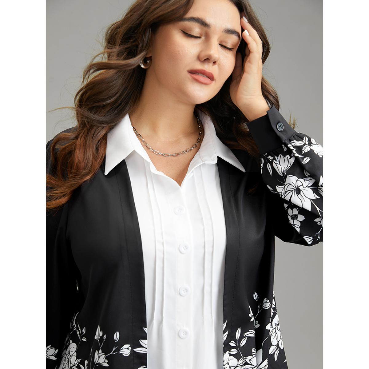 Plus Size Black Boho Print Patchwork Asymmetrical Hem Pleated Blouse Women Elegant Long Sleeve Shirt collar Work Blouses BloomChic 22-24/3X Product Image