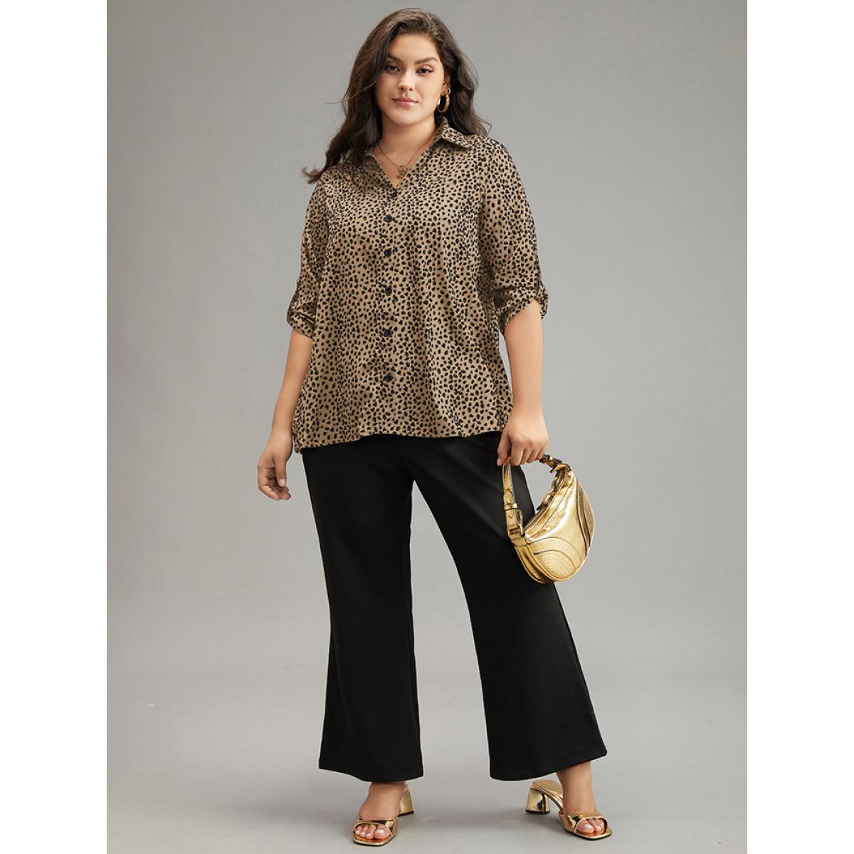 Plus Size Apricot Leopard Print Shirt Collar Button Through Blouse Women Office Elbow-length sleeve Shirt collar Work Blouses BloomChic 12/L Product Image