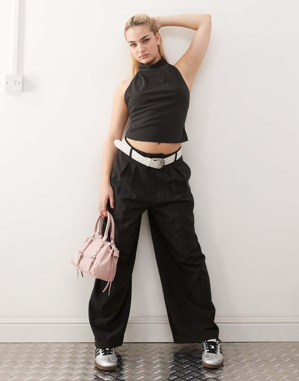 COLLUSION tailored drape halter top in black - part of a set Product Image