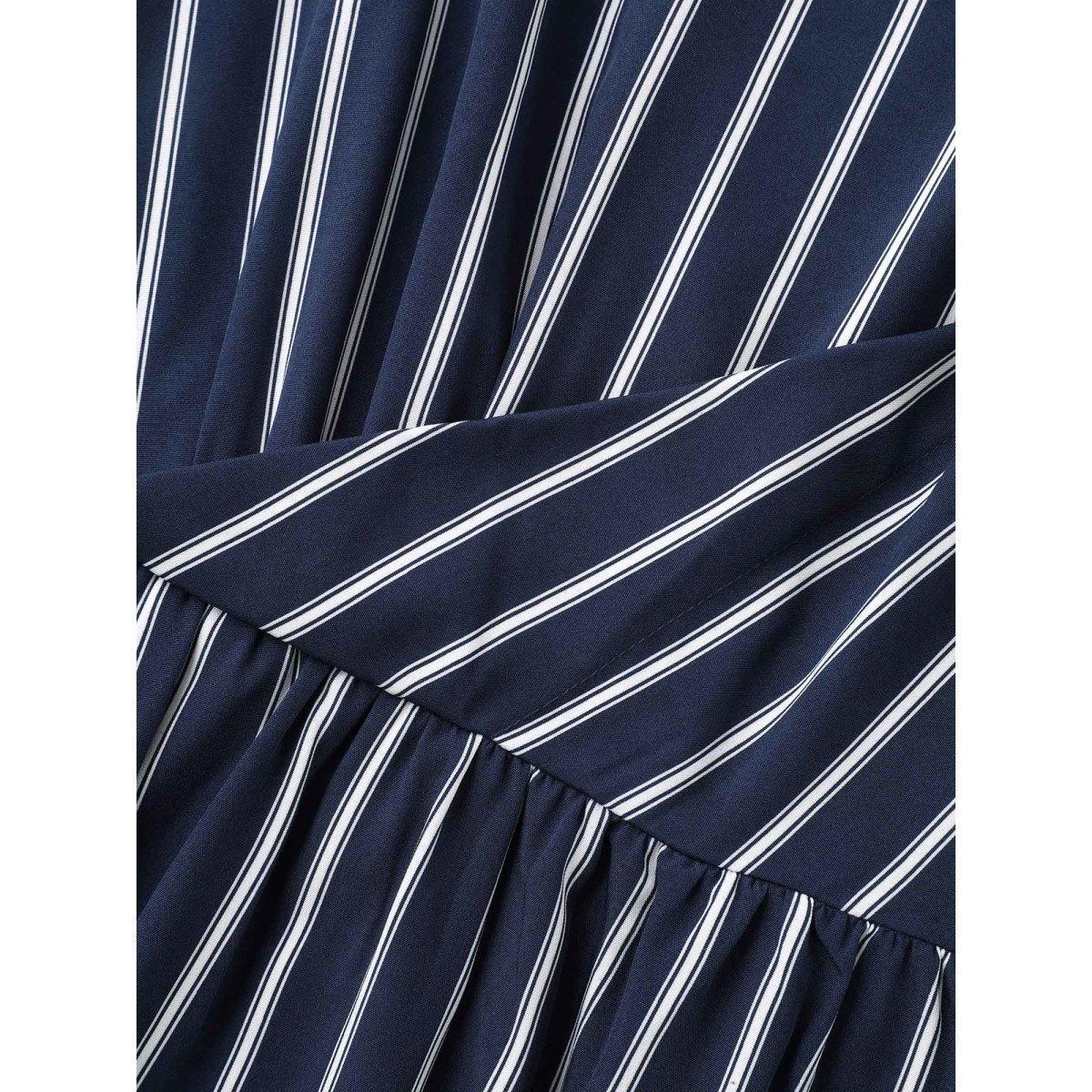 Plus Size Striped Stretchy Waist Defining Pockets Dress Indigo Women At the Office Pleated Round Neck Short sleeve Curvy BloomChic 26/4X Product Image