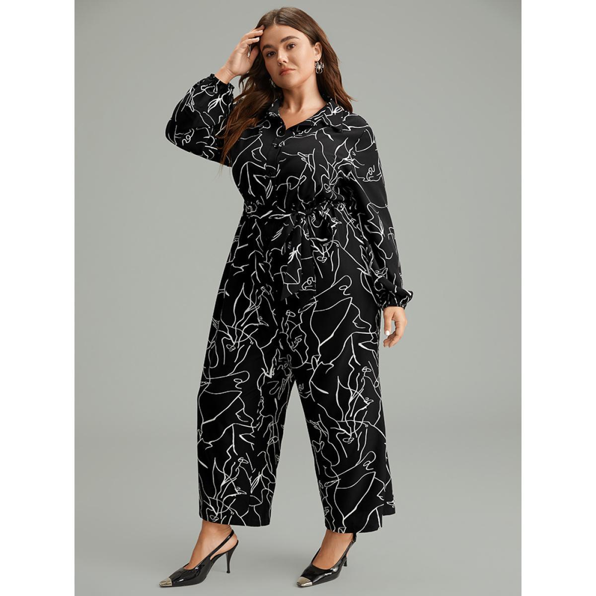 Plus Size BlackFlower Halloween Art & Design Belted Pocket Jumpsuit Women Office Long Sleeve Shirt collar Festival-Halloween Loose Jumpsuits BloomChic 28/5X Product Image
