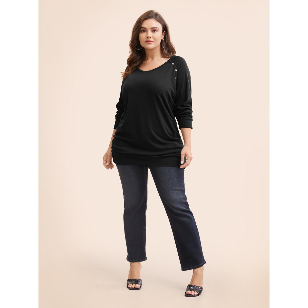 Plus Size Plain Gathered Button Detail T-shirt Black Women Casual Gathered Plain Round Neck Dailywear T-shirts BloomChic 18-20/2X Product Image