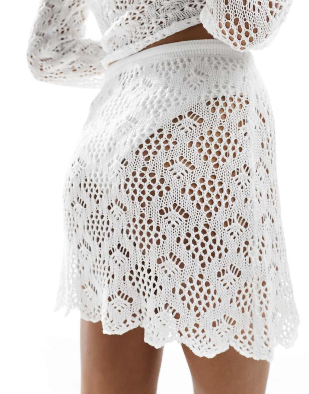 Miss Selfridge crochet flippy mini skirt set in cream Product Image