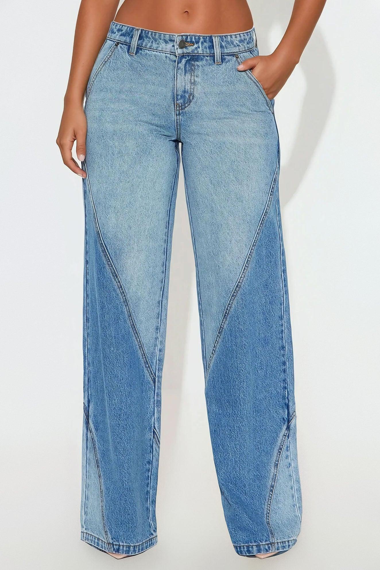 Oui Oui Two Tone Wide Leg Jeans - Light Blue Wash Product Image
