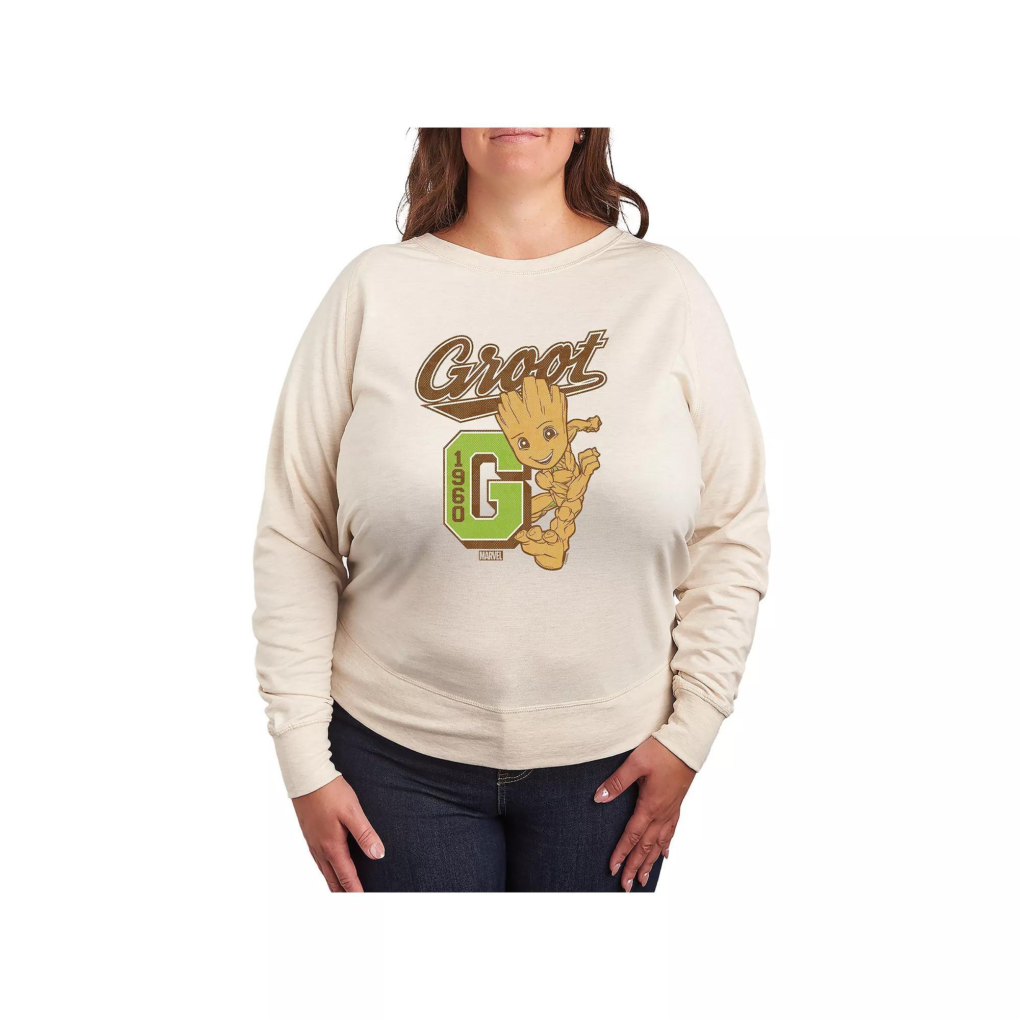 Plus Size Guardians of the Galaxy Groot Collegiate French Terry Long Sleeve Tee, Womens Product Image