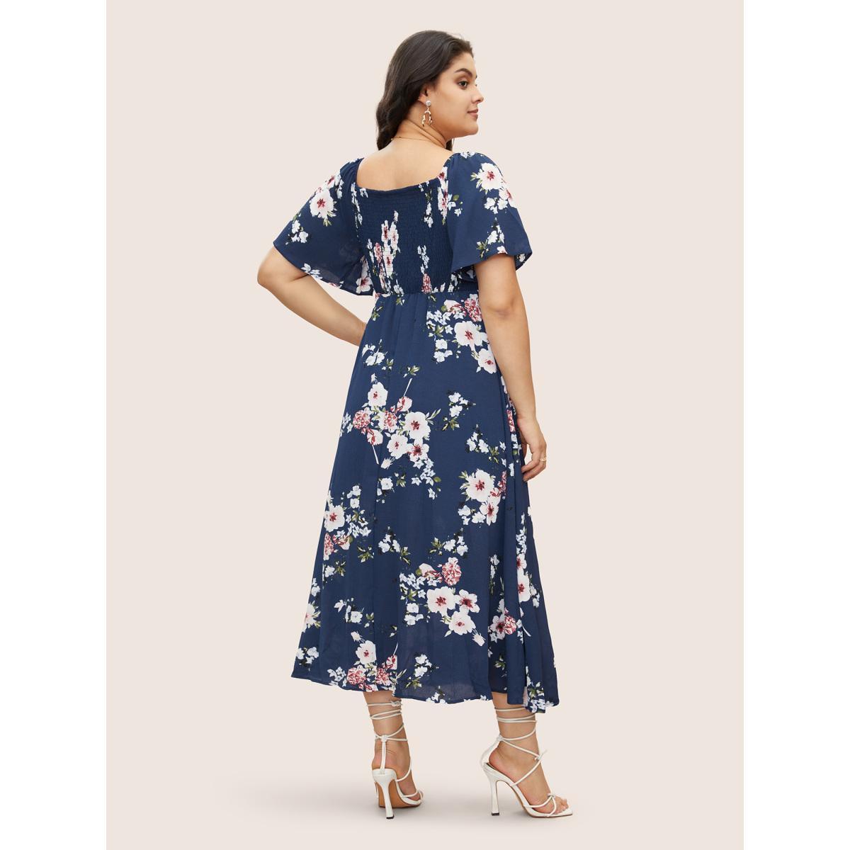 Plus Size Floral Square Neck Ruffles Pocket Shirred Split Dress DarkBlue Women Elegant Non Square Neck Short sleeve Curvy BloomChic 12/L Product Image