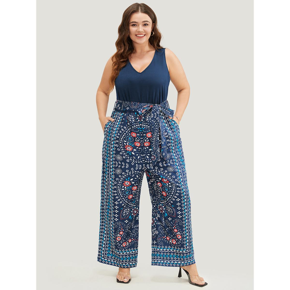Plus Size DarkBlue Paisley Patchwork Zipper Pocket Belted Tank Jumpsuit Women Vacation Sleeveless V-neck Dailywear Loose Jumpsuits BloomChic 12/L Product Image