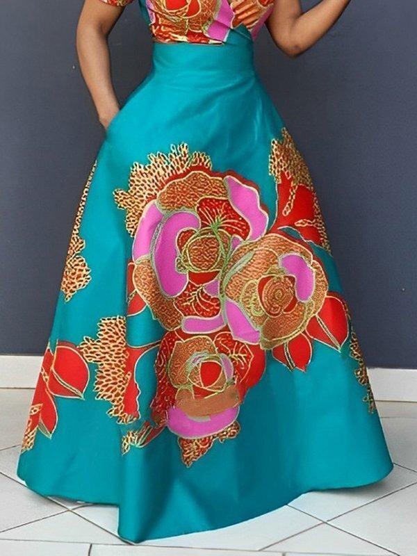 A-Line Loose Floral Printed Split-Joint Deep V-Neck Evening Dresses Maxi Dresses Product Image