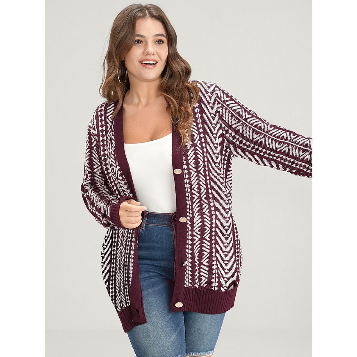 Plus Size Bandana Geometric Pointelle Knit Contrast Button Front Cardigan Maroon Women Casual Loose Long Sleeve Dailywear Cardigans BloomChic 10/M Product Image